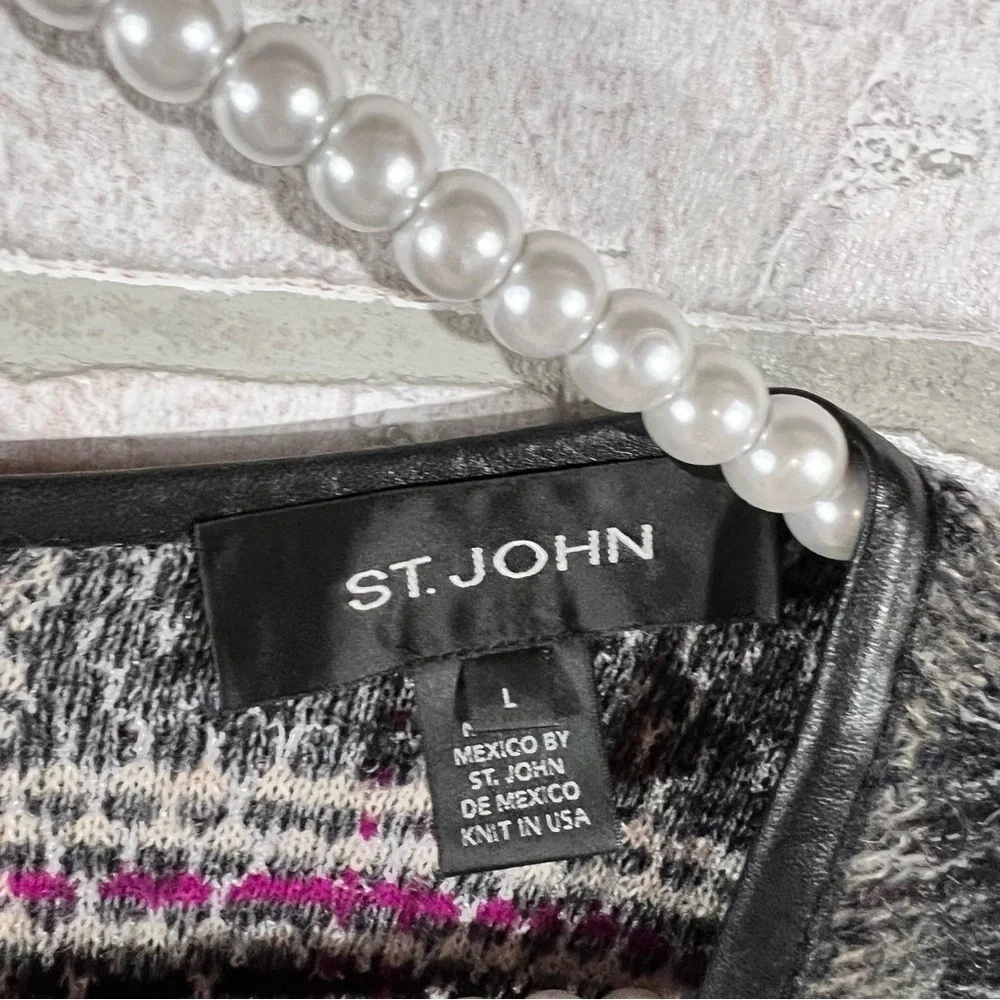 St John Plaid Mohair Wool Blend Leather Trim Short Sleeve Sweater Size L